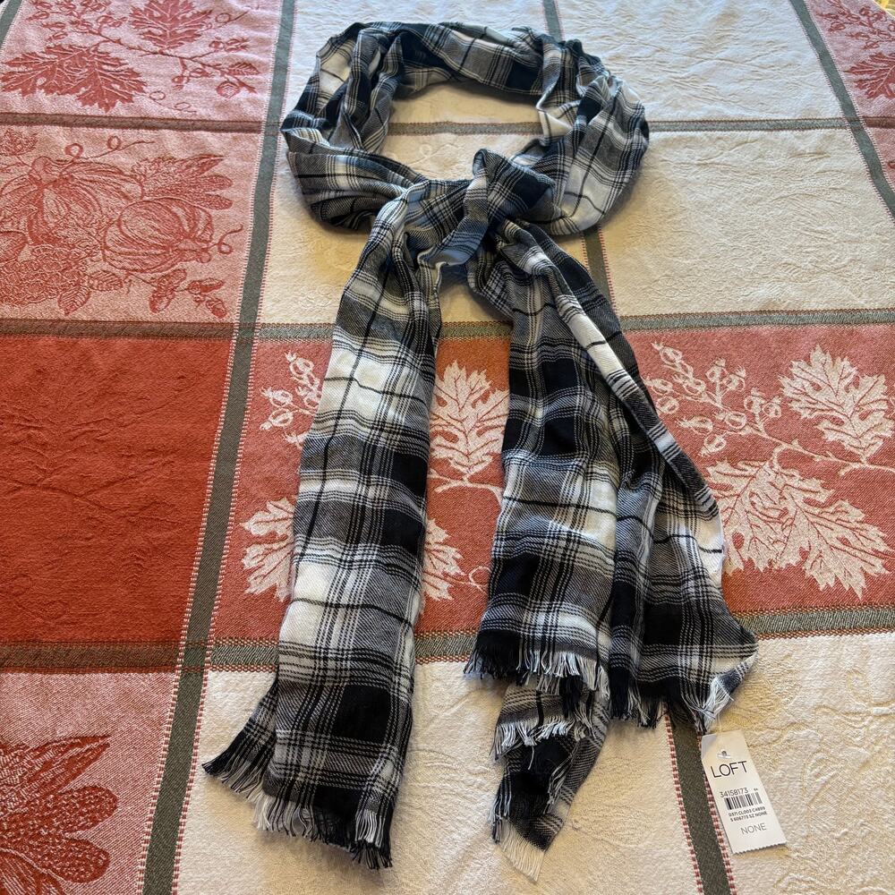 LOFT Black White Plaid Frayed Fringe Lightweight Cotton Blend Scarf NWT OS